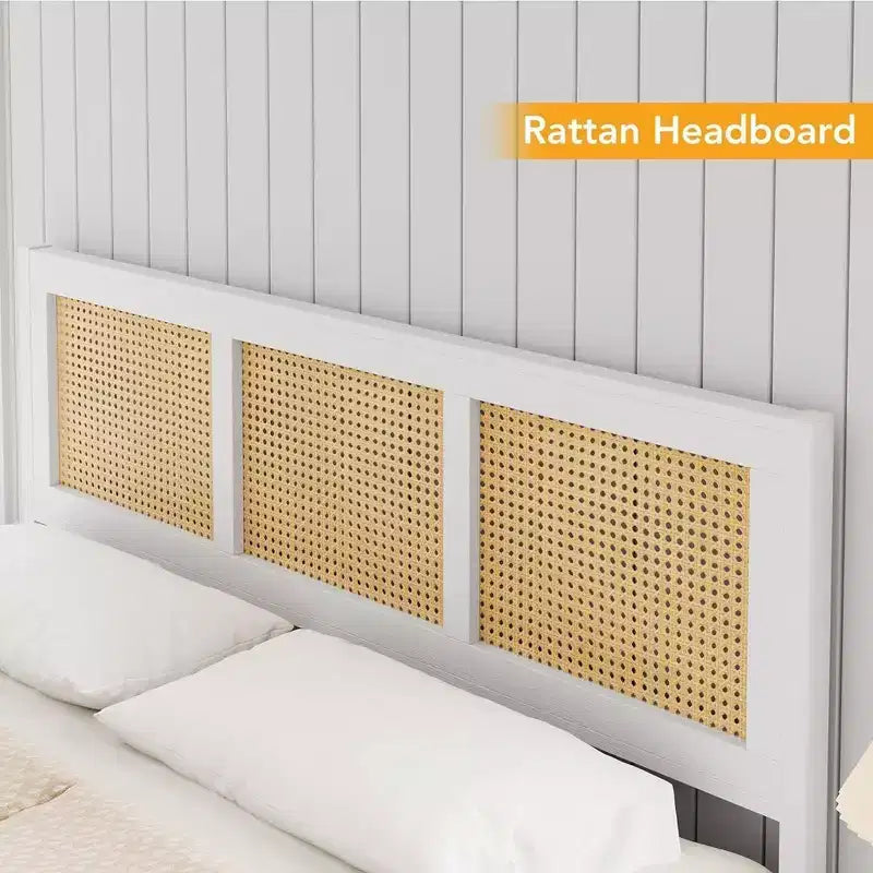 Coolmee King Size Rattan Bed Frame with Headboard, Boho Cane Platform Bed Frame with Strong Metal Slat, Noise Free, No Box Spring Needed