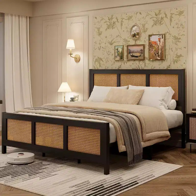 Coolmee King Size Rattan Bed Frame with Headboard, Boho Cane Platform Bed Frame with Strong Metal Slat, Noise Free, No Box Spring Needed