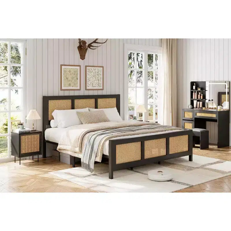 Coolmee King Size Rattan Bed Frame with Headboard, Boho Cane Platform Bed Frame with Strong Metal Slat, Noise Free, No Box Spring Needed