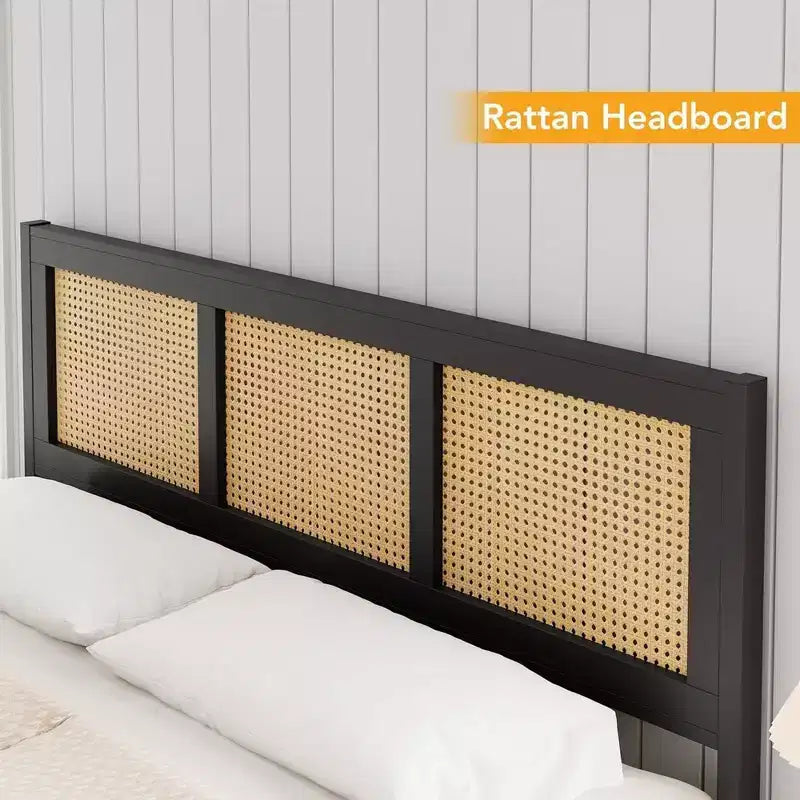 Coolmee King Size Rattan Bed Frame with Headboard, Boho Cane Platform Bed Frame with Strong Metal Slat, Noise Free, No Box Spring Needed