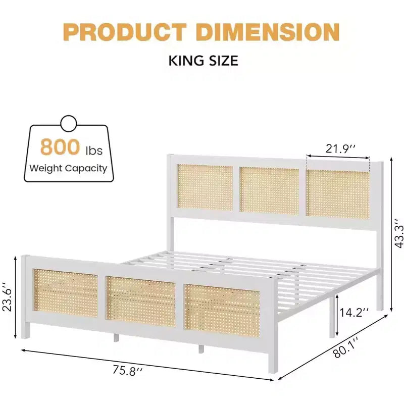 Coolmee King Size Rattan Bed Frame with Headboard, Boho Cane Platform Bed Frame with Strong Metal Slat, Noise Free, No Box Spring Needed