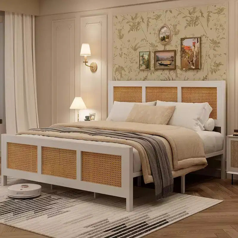 Coolmee King Size Rattan Bed Frame with Headboard, Boho Cane Platform Bed Frame with Strong Metal Slat, Noise Free, No Box Spring Needed