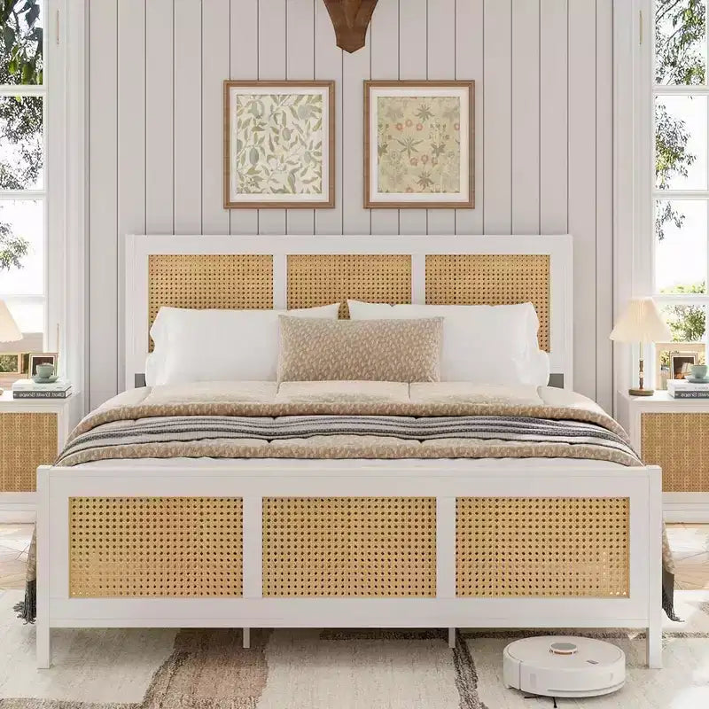 Coolmee King Size Rattan Bed Frame with Headboard, Boho Cane Platform Bed Frame with Strong Metal Slat, Noise Free, No Box Spring Needed