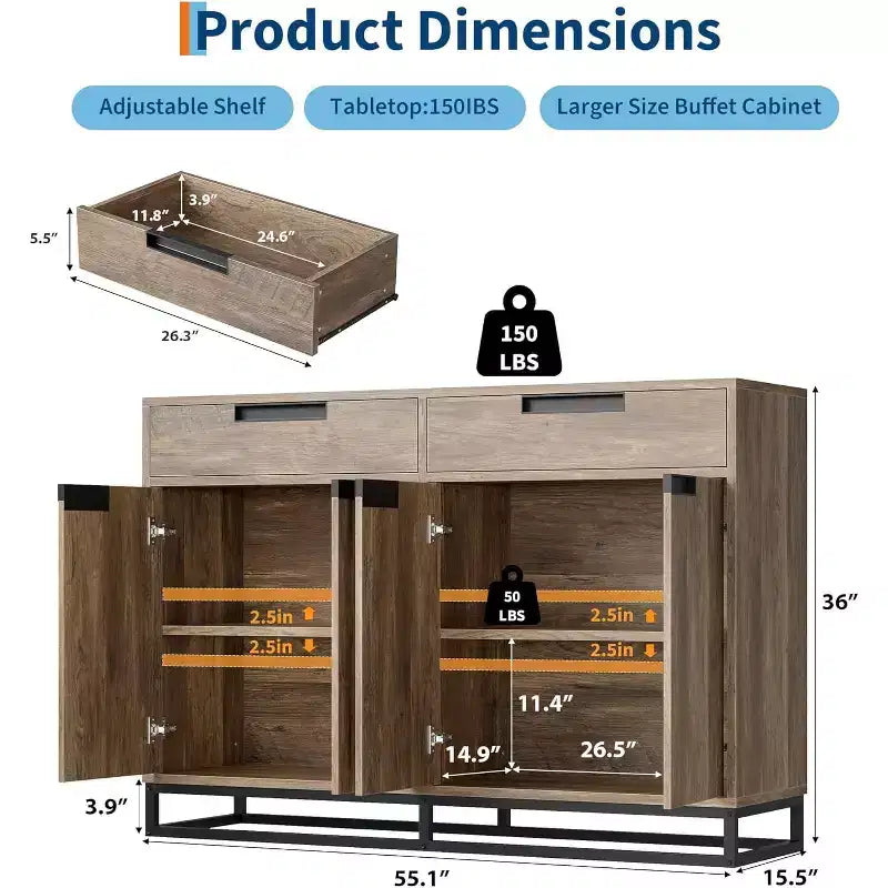 COZONY 55 Sideboard Buffet Cabinet, Large Kitchen Storage Cabinet with 2 Drawers & 4 Doors, Coffee Bar Table for Dining Room