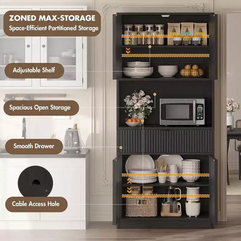 70 Fluted Pantry Cabinet - Storage w/ Countertop, Doors & Drawer for Kitchen & Dining Room