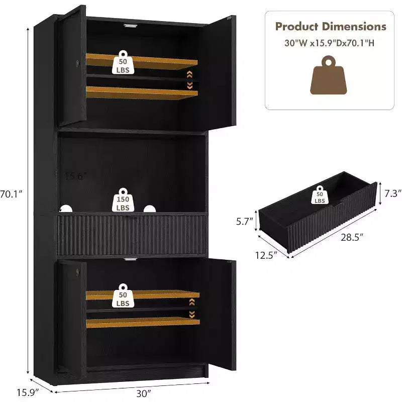 70 Fluted Pantry Cabinet - Storage w/ Countertop, Doors & Drawer for Kitchen & Dining Room