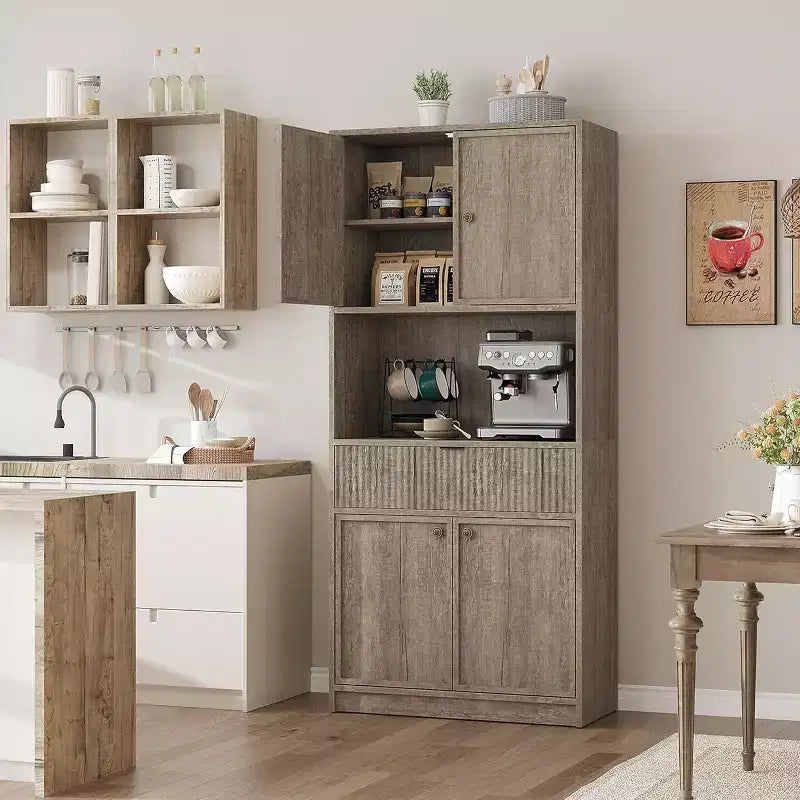 70 Fluted Pantry Cabinet - Storage w/ Countertop, Doors & Drawer for Kitchen & Dining Room