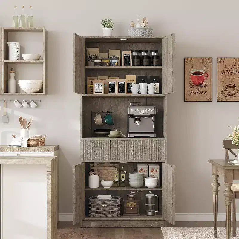 70 Fluted Pantry Cabinet - Storage w/ Countertop, Doors & Drawer for Kitchen & Dining Room