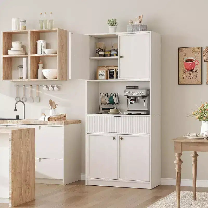 70 Fluted Pantry Cabinet - Storage w/ Countertop, Doors & Drawer for Kitchen & Dining Room