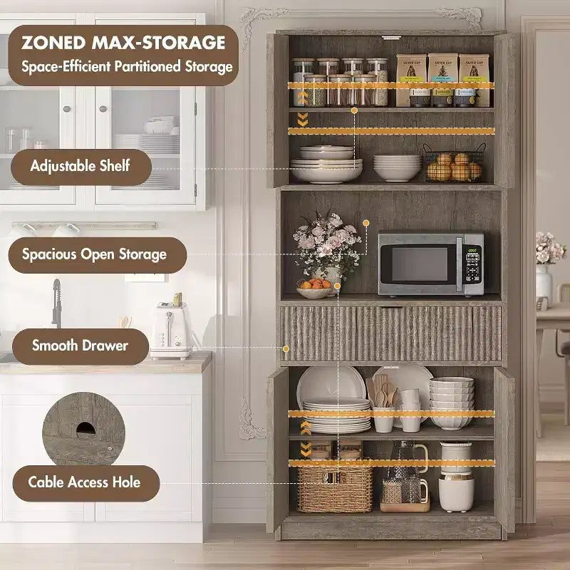 70 Fluted Pantry Cabinet - Storage w/ Countertop, Doors & Drawer for Kitchen & Dining Room