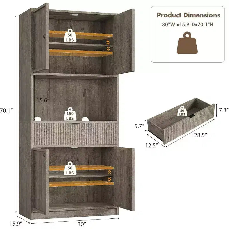 70 Fluted Pantry Cabinet - Storage w/ Countertop, Doors & Drawer for Kitchen & Dining Room