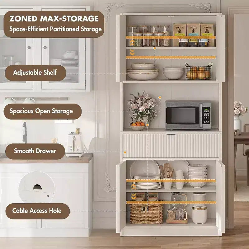 70 Fluted Pantry Cabinet - Storage w/ Countertop, Doors & Drawer for Kitchen & Dining Room