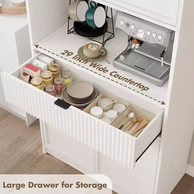 70 Fluted Pantry Cabinet - Storage w/ Countertop, Doors & Drawer for Kitchen & Dining Room