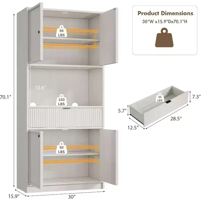 70 Fluted Pantry Cabinet - Storage w/ Countertop, Doors & Drawer for Kitchen & Dining Room