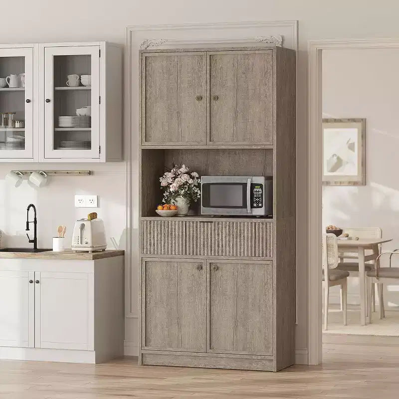 70 Fluted Pantry Cabinet - Storage w/ Countertop, Doors & Drawer for Kitchen & Dining Room