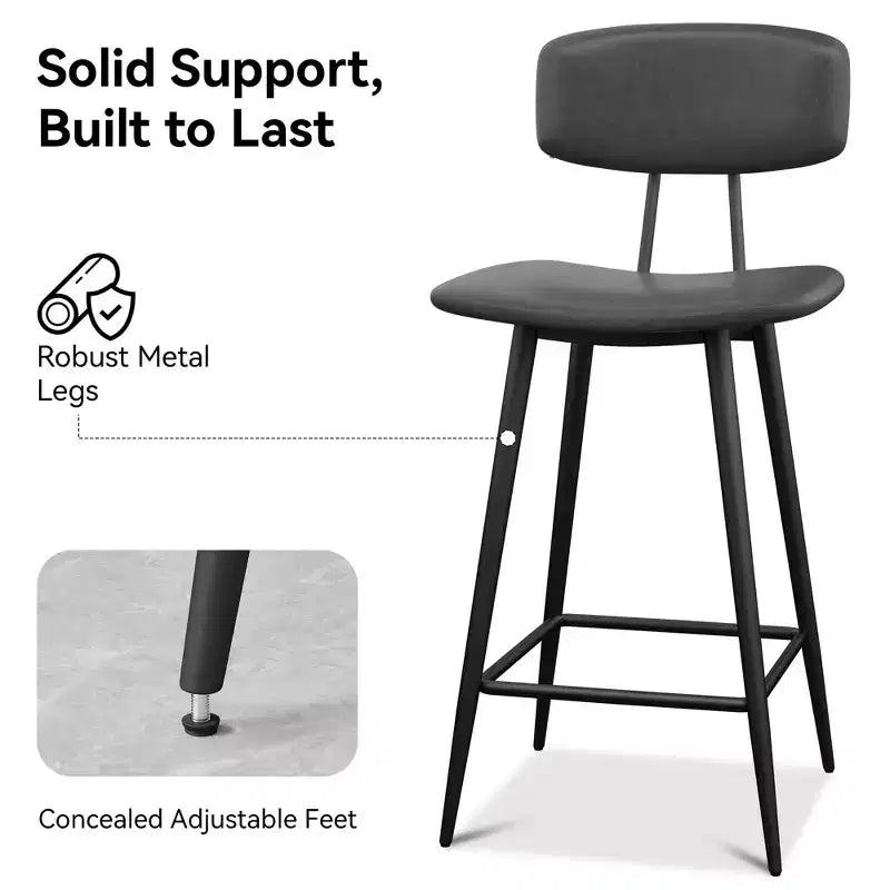Dyonery Counter Height Bar Stools, 25.6 Faux Leather Barstools with Back, Waterproof Upholstery, Sturdy Metal Frame for Kitchen Island, Rustic Grey