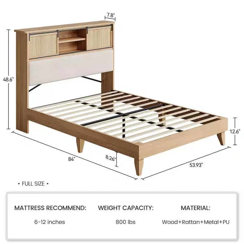 Bed Frame with Shelves, Solid Wood Platform Bed Frame, Natural Rattan Headboard & Sliding Door Storage