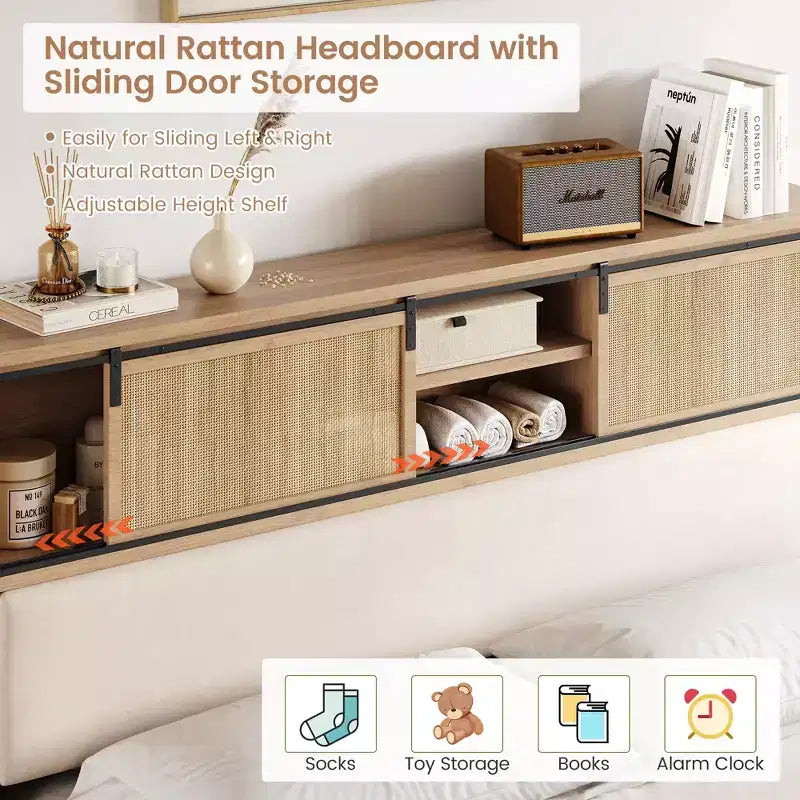 Bed Frame with Shelves, Solid Wood Platform Bed Frame, Natural Rattan Headboard & Sliding Door Storage