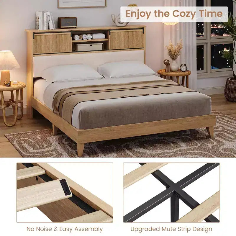 Bed Frame with Shelves, Solid Wood Platform Bed Frame, Natural Rattan Headboard & Sliding Door Storage