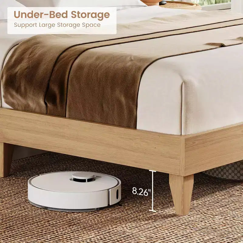 Bed Frame with Shelves, Solid Wood Platform Bed Frame, Natural Rattan Headboard & Sliding Door Storage