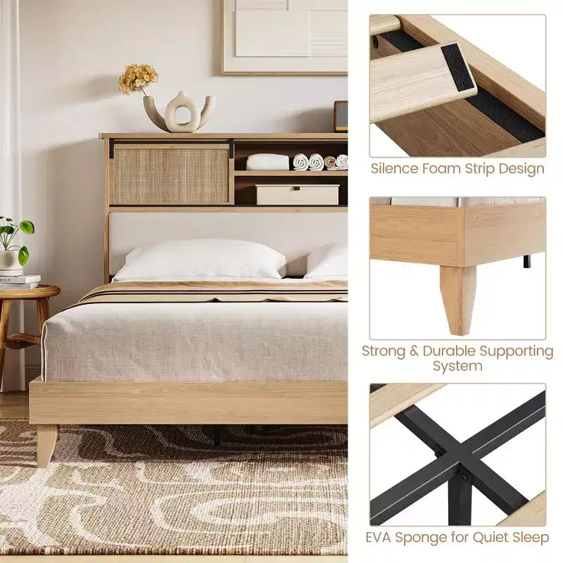 Bed Frame with Shelves, Solid Wood Platform Bed Frame, Natural Rattan Headboard & Sliding Door Storage