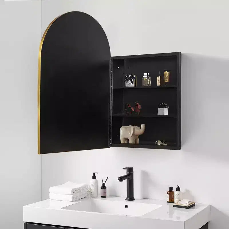 MAYEERTY 36 x 24in Modern Arch Bathroom Medicine Cabinets, Metal Framed Wall Mirror with Storage, Gold