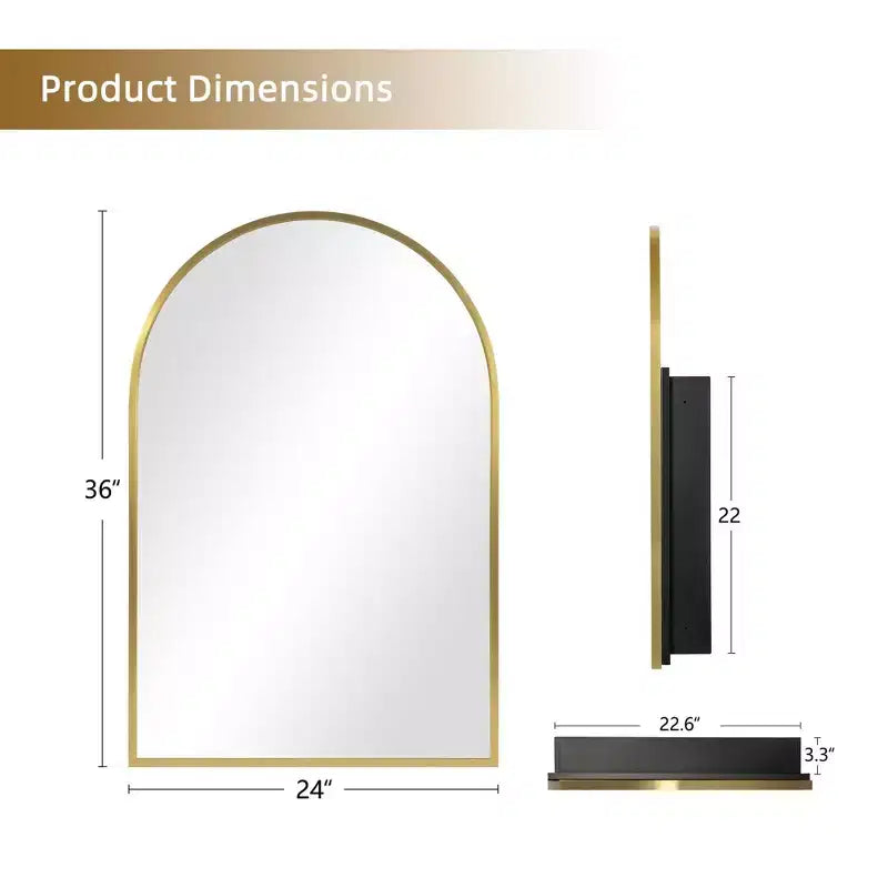 MAYEERTY 36 x 24in Modern Arch Bathroom Medicine Cabinets, Metal Framed Wall Mirror with Storage, Gold