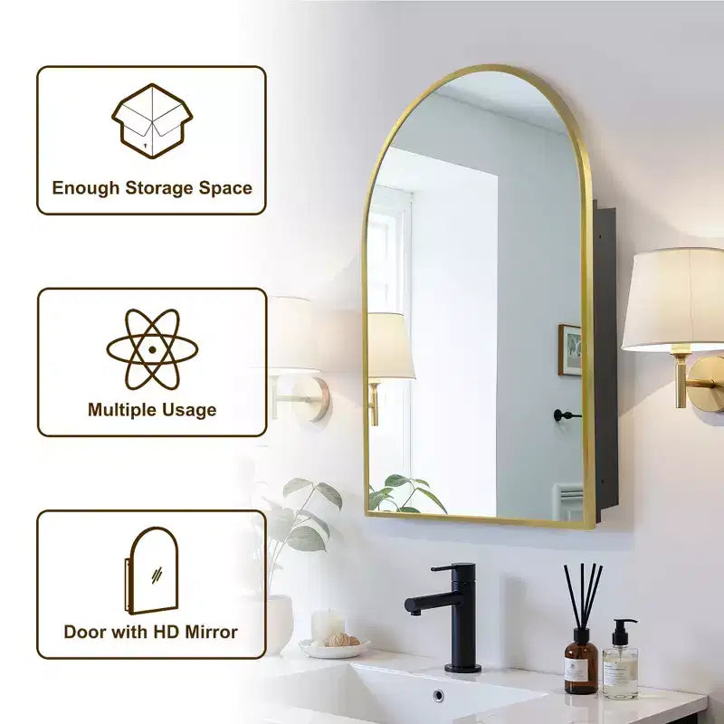 MAYEERTY 36 x 24in Modern Arch Bathroom Medicine Cabinets, Metal Framed Wall Mirror with Storage, Gold