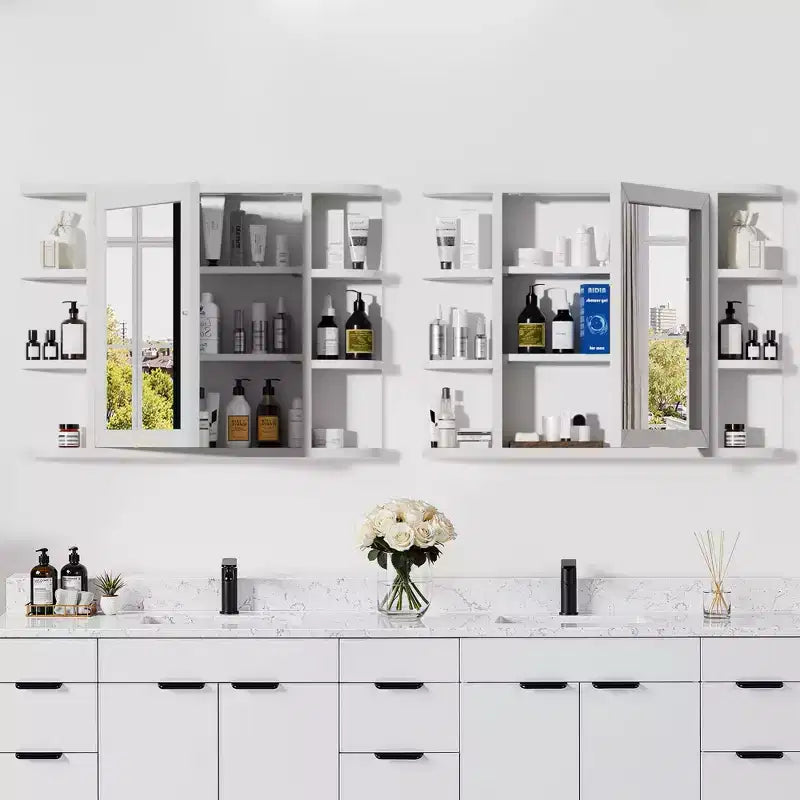 MAYEERTY 5.9 x 31.5in Modern Rectangular Bathroom Medicine Cabinets, Metal Framed Wall Mirror with Storage, White