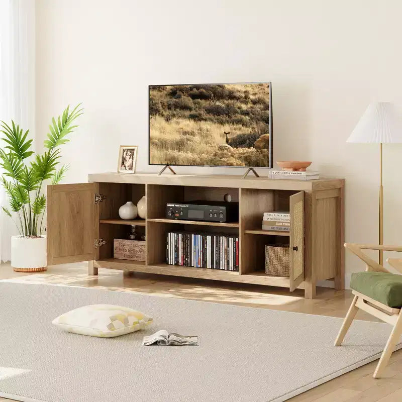 Farmhouse TV Stand, TV Entertainment Center with Doors Adjustable Shelves, Modern TV Media Console for Living Room, Bedroom, Oak