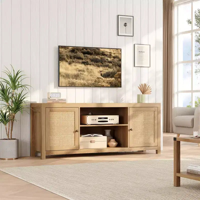 Farmhouse TV Stand, TV Entertainment Center with Doors Adjustable Shelves, Modern TV Media Console for Living Room, Bedroom, Oak