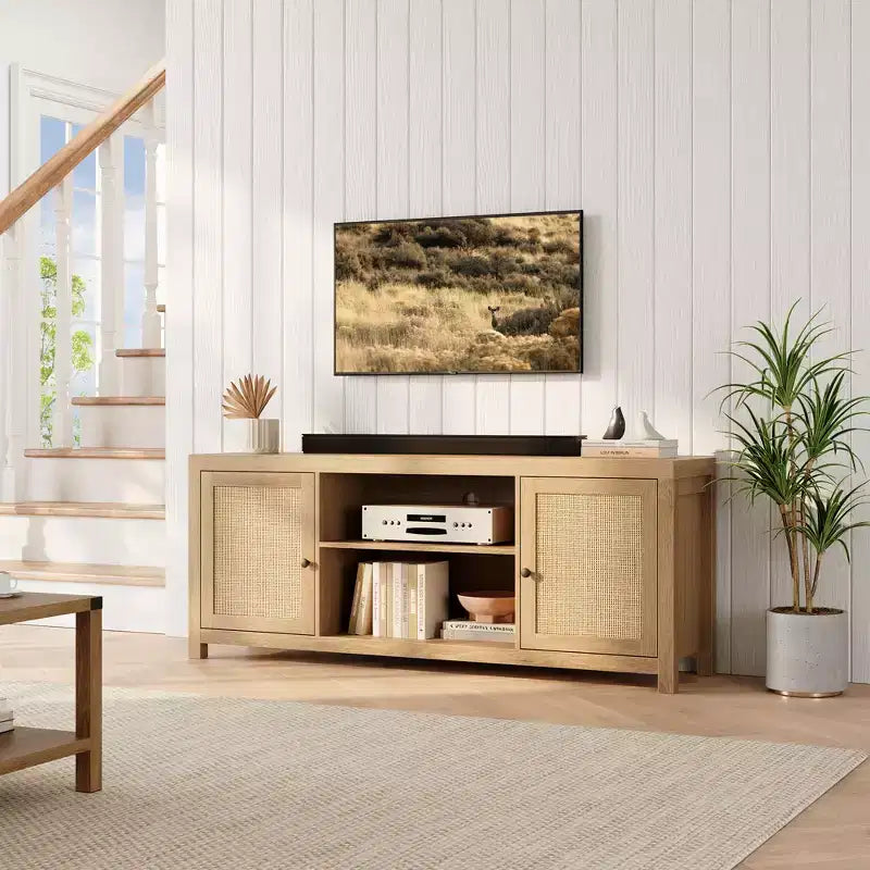 Farmhouse TV Stand, TV Entertainment Center with Doors Adjustable Shelves, Modern TV Media Console for Living Room, Bedroom, Oak