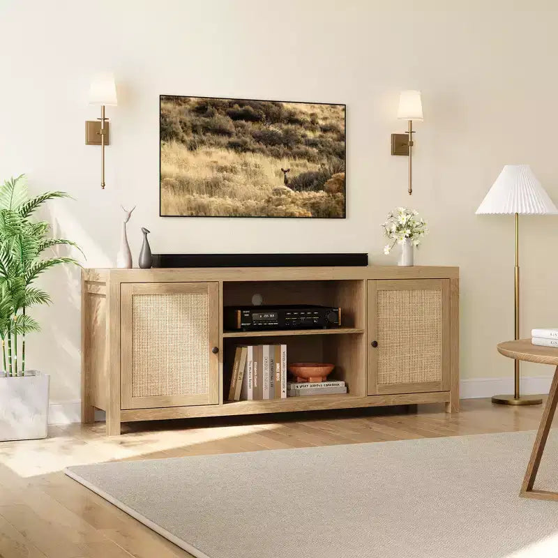 Farmhouse TV Stand, TV Entertainment Center with Doors Adjustable Shelves, Modern TV Media Console for Living Room, Bedroom, Oak