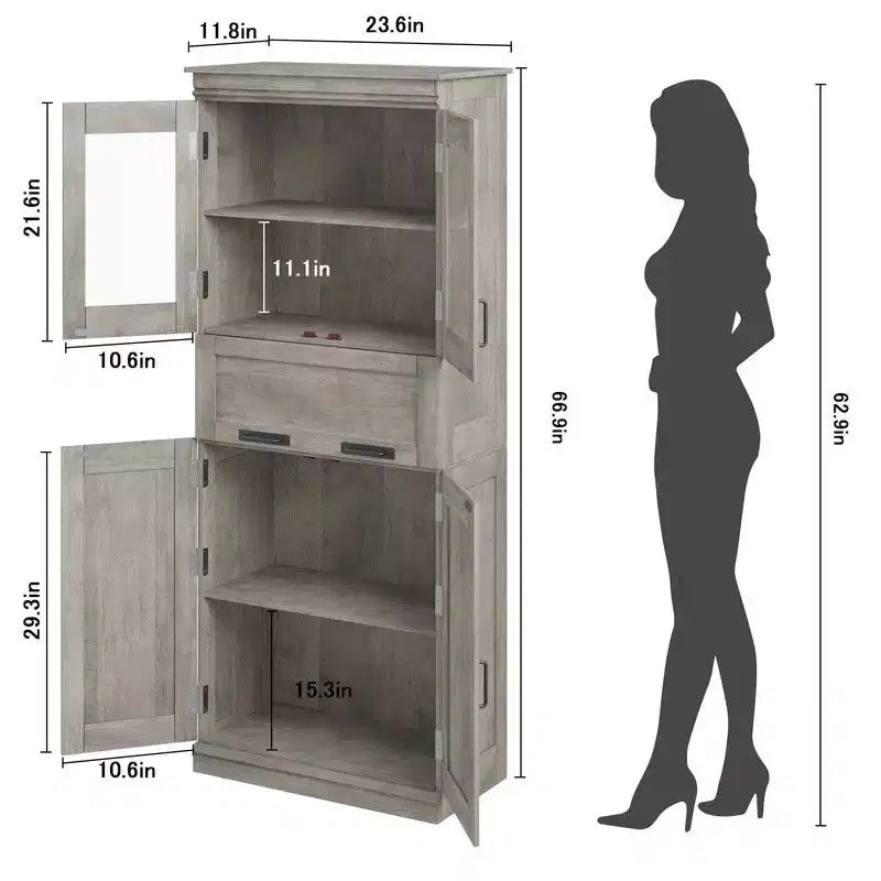 Coolmee 67 inch Tall Bathroom Cabinet with 4 Doors & Flip Glass Drawer, Storage Cabinet with Adjustable Shelves, Freestanding Organizer for Home