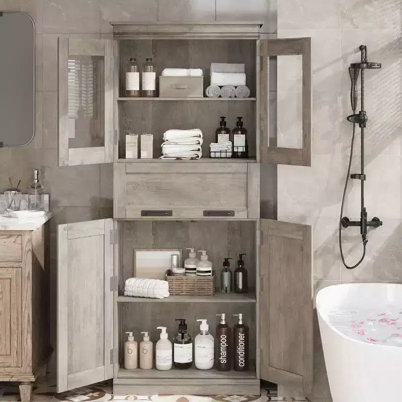 Coolmee 67 inch Tall Bathroom Cabinet with 4 Doors & Flip Glass Drawer, Storage Cabinet with Adjustable Shelves, Freestanding Organizer for Home