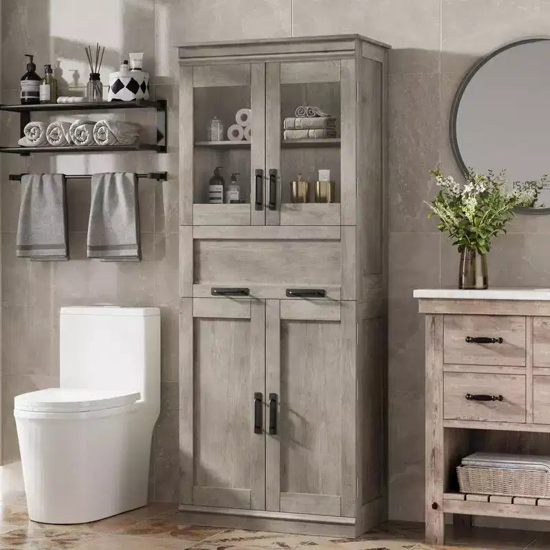 Coolmee 67 inch Tall Bathroom Cabinet with 4 Doors & Flip Glass Drawer, Storage Cabinet with Adjustable Shelves, Freestanding Organizer for Home