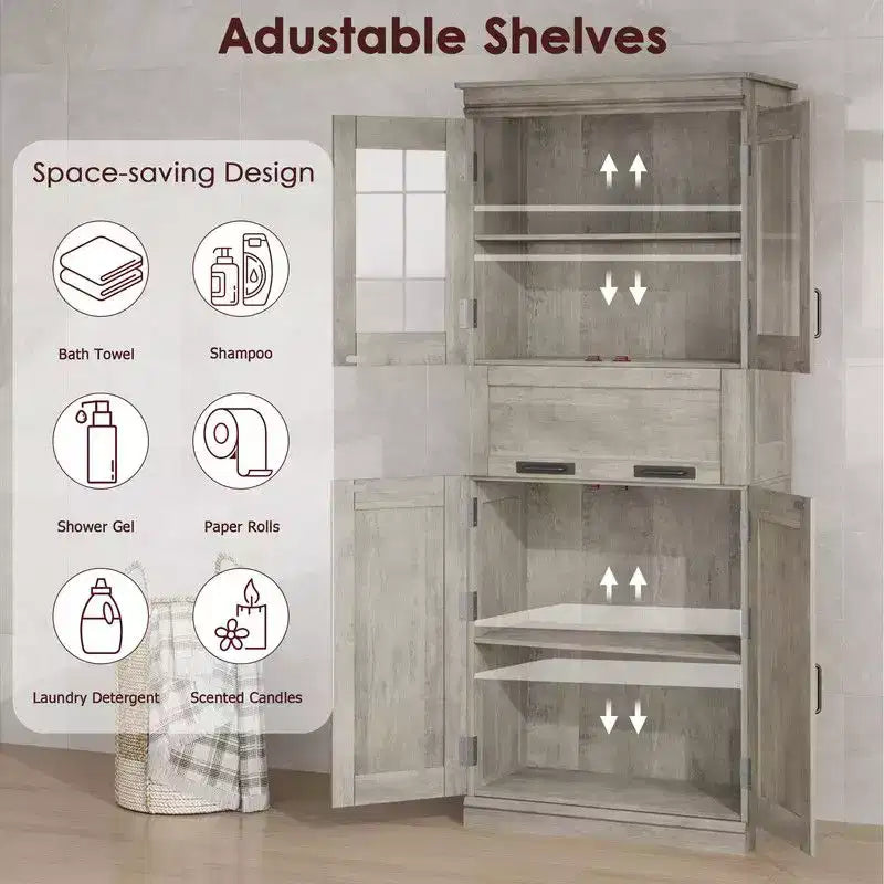 Coolmee 67 inch Tall Bathroom Cabinet with 4 Doors & Flip Glass Drawer, Storage Cabinet with Adjustable Shelves, Freestanding Organizer for Home
