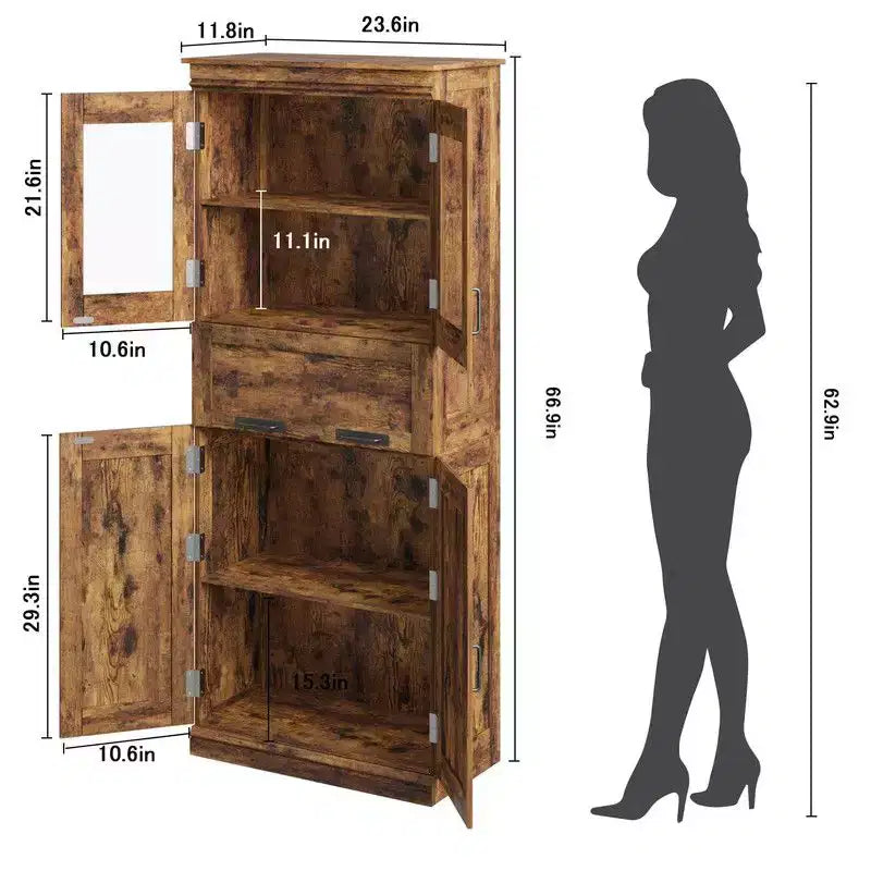 Coolmee 67 inch Tall Bathroom Cabinet with 4 Doors & Flip Glass Drawer, Storage Cabinet with Adjustable Shelves, Freestanding Organizer for Home