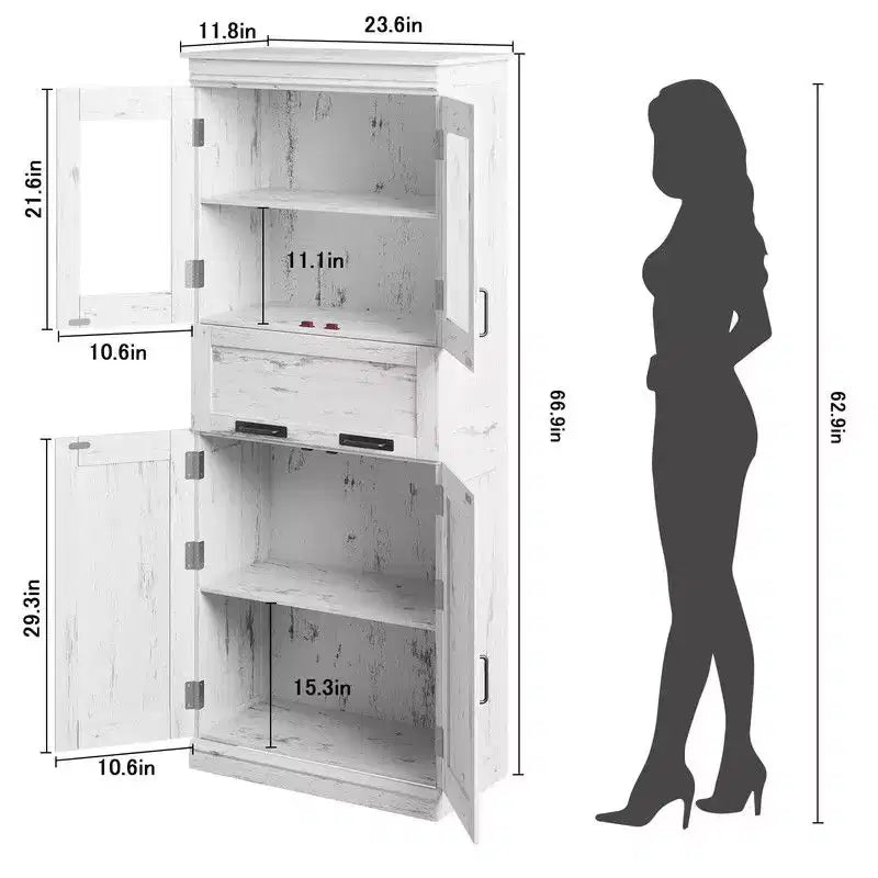 Coolmee 67 inch Tall Bathroom Cabinet with 4 Doors & Flip Glass Drawer, Storage Cabinet with Adjustable Shelves, Freestanding Organizer for Home