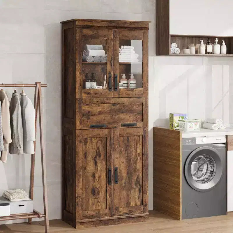 Coolmee 67 inch Tall Bathroom Cabinet with 4 Doors & Flip Glass Drawer, Storage Cabinet with Adjustable Shelves, Freestanding Organizer for Home
