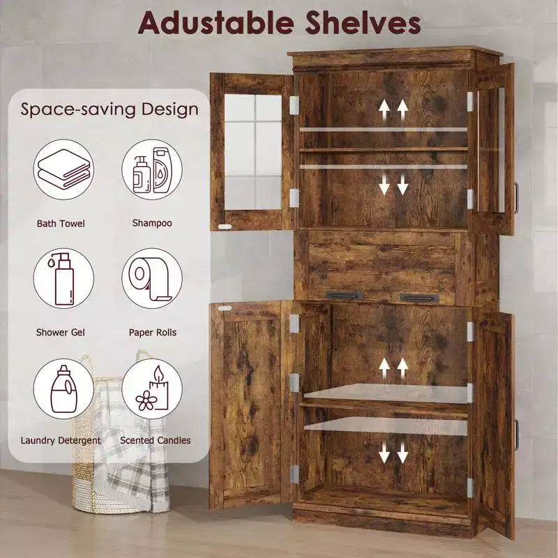 Coolmee 67 inch Tall Bathroom Cabinet with 4 Doors & Flip Glass Drawer, Storage Cabinet with Adjustable Shelves, Freestanding Organizer for Home