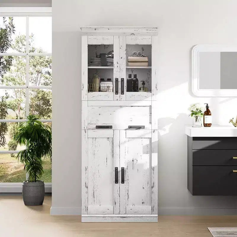 Coolmee 67 inch Tall Bathroom Cabinet with 4 Doors & Flip Glass Drawer, Storage Cabinet with Adjustable Shelves, Freestanding Organizer for Home