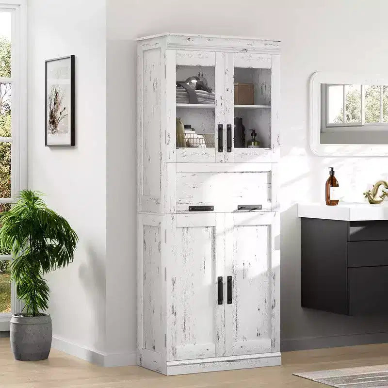 Coolmee 67 inch Tall Bathroom Cabinet with 4 Doors & Flip Glass Drawer, Storage Cabinet with Adjustable Shelves, Freestanding Organizer for Home