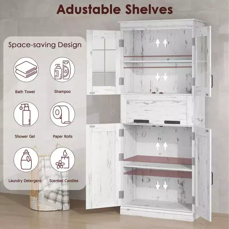 Coolmee 67 inch Tall Bathroom Cabinet with 4 Doors & Flip Glass Drawer, Storage Cabinet with Adjustable Shelves, Freestanding Organizer for Home