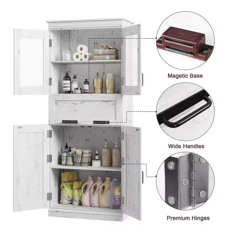 Coolmee 67 inch Tall Bathroom Cabinet with 4 Doors & Flip Glass Drawer, Storage Cabinet with Adjustable Shelves, Freestanding Organizer for Home