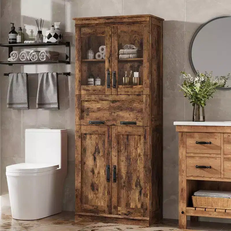 Coolmee 67 inch Tall Bathroom Cabinet with 4 Doors & Flip Glass Drawer, Storage Cabinet with Adjustable Shelves, Freestanding Organizer for Home