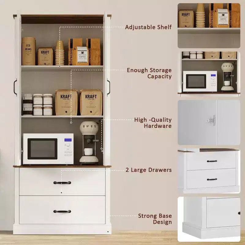 Coolmee Kitchen Pantry Storage Cabinet with Barn Doors, Drawer, and 2 Adjustable Shelves, Freestanding Tall Hutch with Microwave Stand