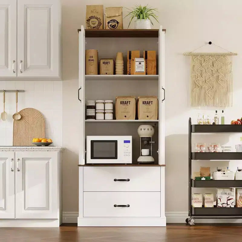 Coolmee Kitchen Pantry Storage Cabinet with Barn Doors, Drawer, and 2 Adjustable Shelves, Freestanding Tall Hutch with Microwave Stand