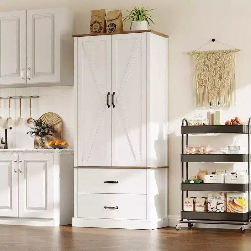 Coolmee Kitchen Pantry Storage Cabinet with Barn Doors, Drawer, and 2 Adjustable Shelves, Freestanding Tall Hutch with Microwave Stand
