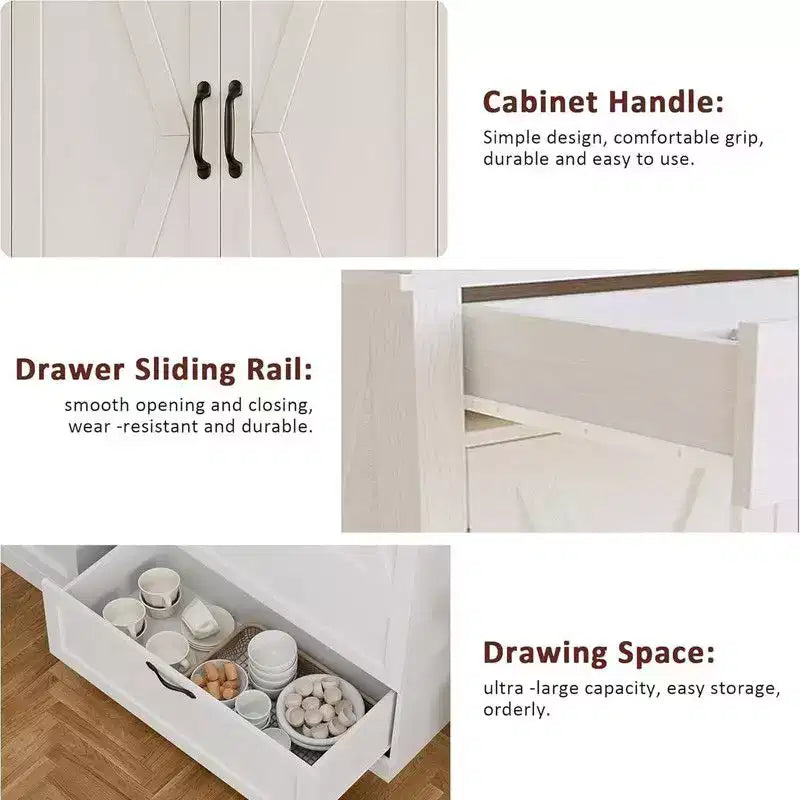Coolmee Kitchen Pantry Storage Cabinet with Barn Doors, Drawer, and 2 Adjustable Shelves, Freestanding Tall Hutch with Microwave Stand